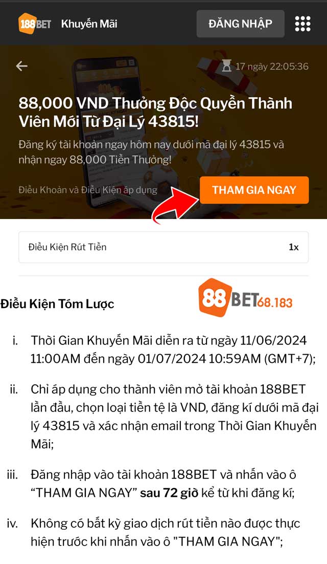 Kích hoạt nhận thưởng 88k Hướng dẫn bấm nút Tham Gia Ngay để nhận khuyến mãi 188bet 88k