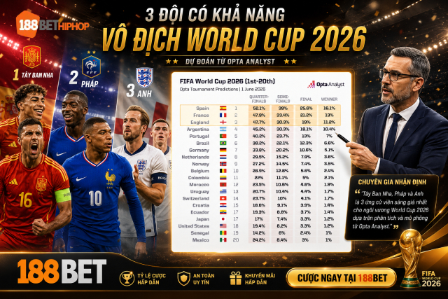 3 Đội Có Khả Năng Vô Địch World Cup 2026 Theo Siêu Máy Tính Opta 1 Bảng phần trăm xếp hạng 3 đội có khả năng vô địch World Cup 2026 cùng chuyên gia 188BET Alfabienes